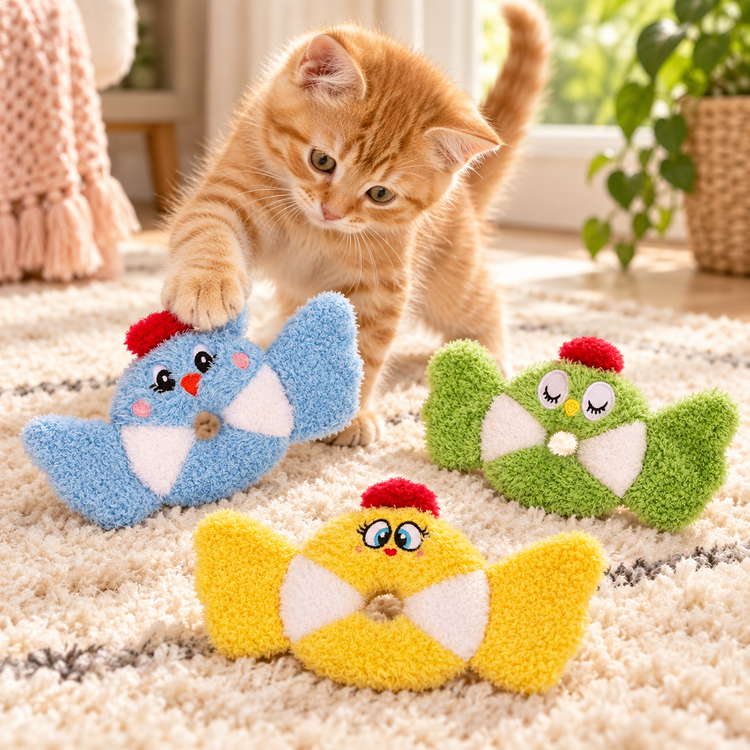 Kitten playing with colorful catnip bird toys