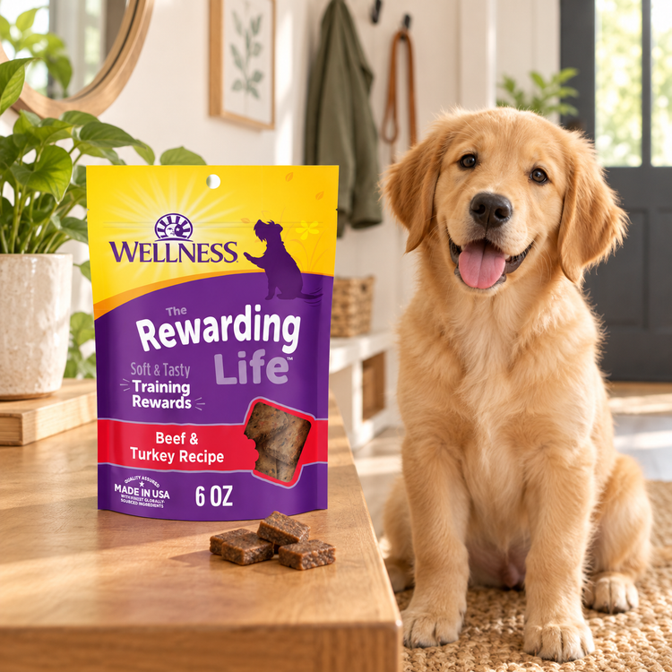 Puppy training treats beside a golden retriever puppy
