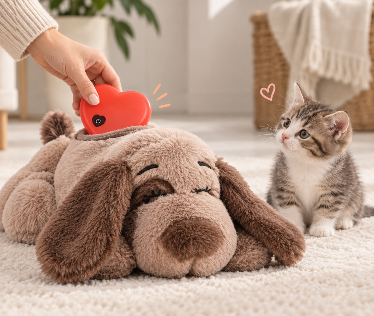 Kitten with the Comfort Companion Heartbeat Toy and heartbeat unit