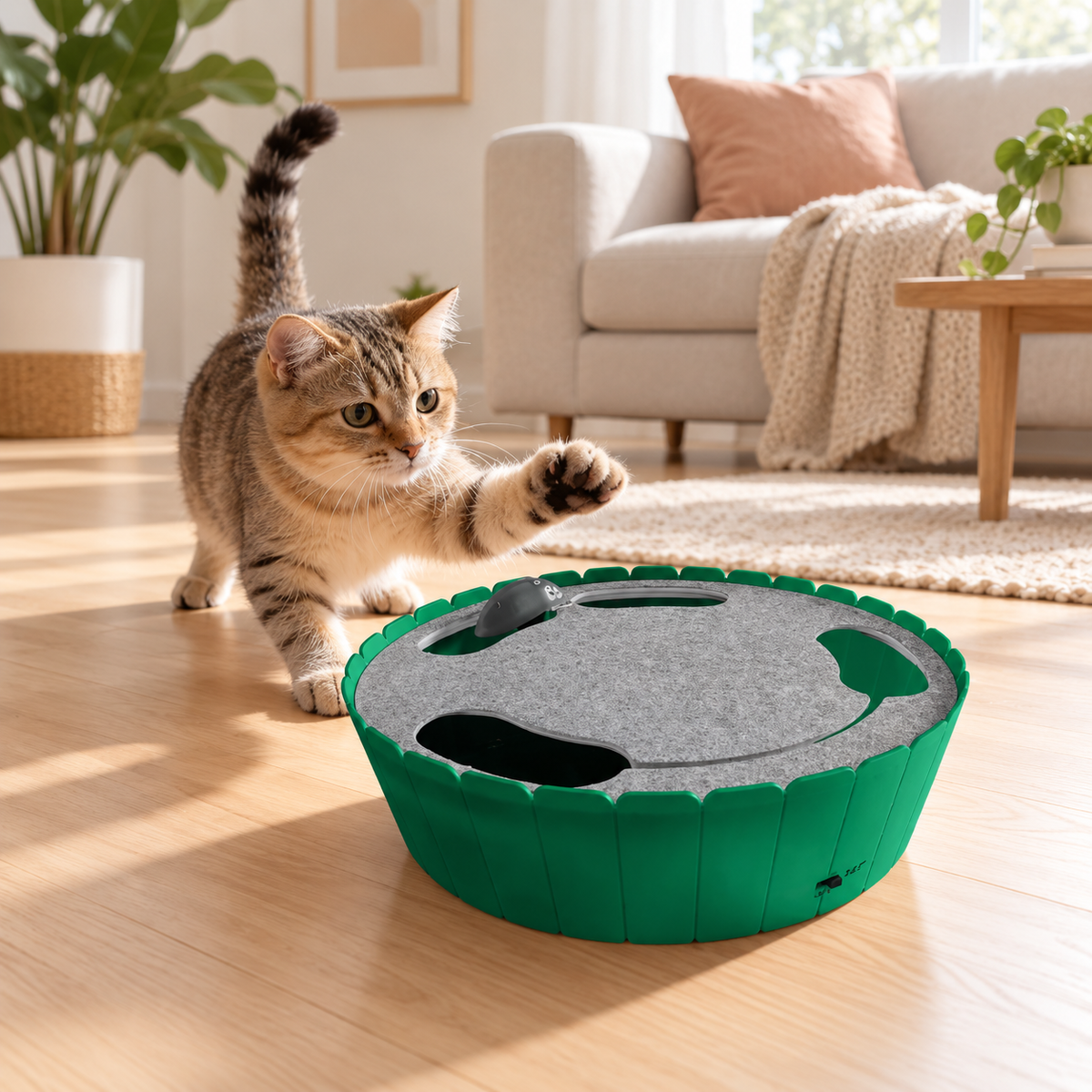 Tabby cat playing with the green interactive running mouse toy