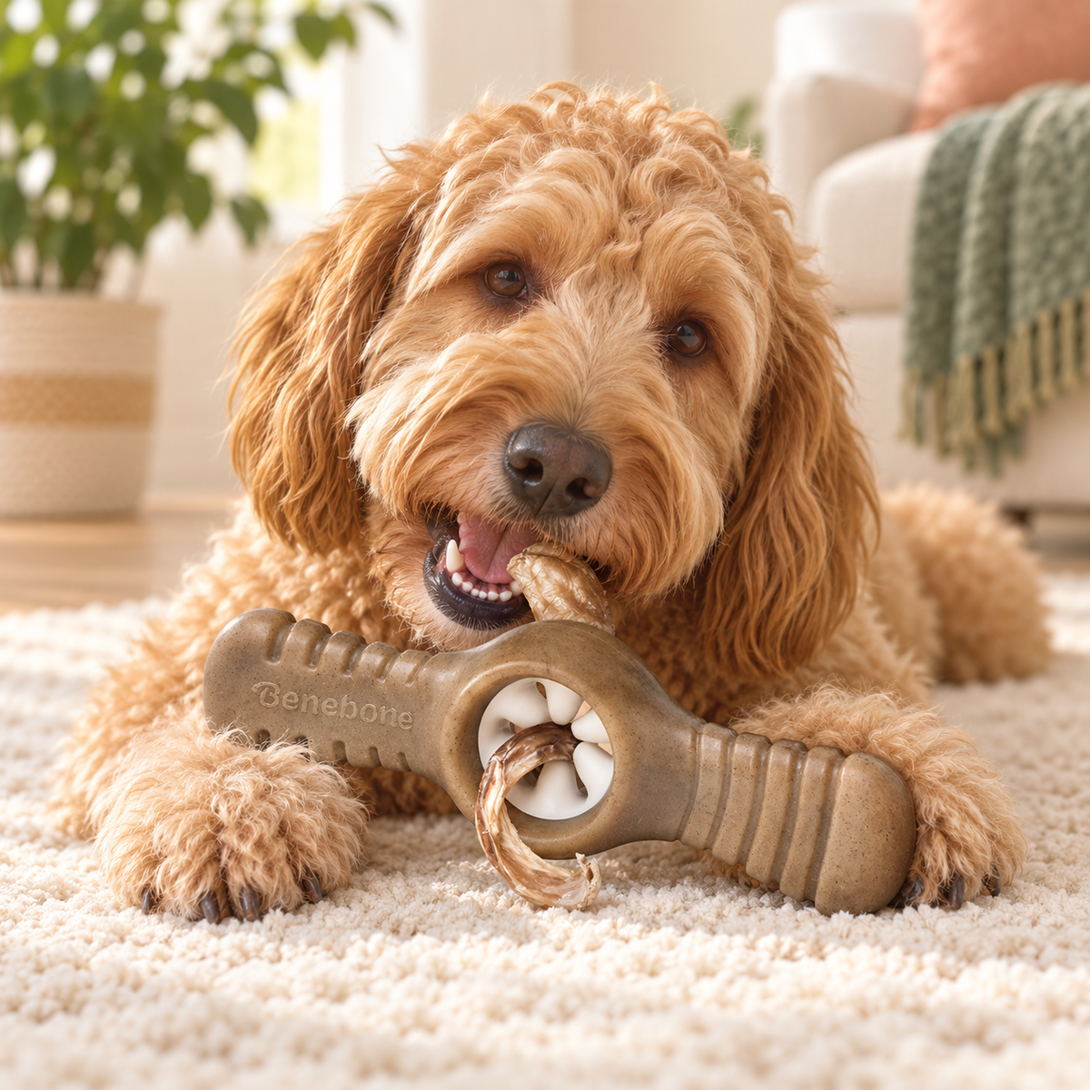 Golden doodle holding the brown dog chew wheel