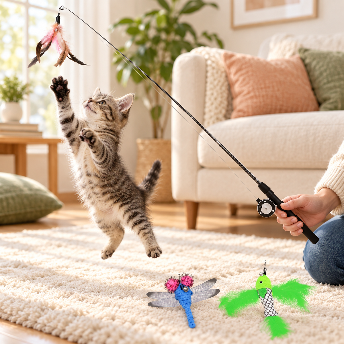 Kitten jumping toward the interactive feather wand