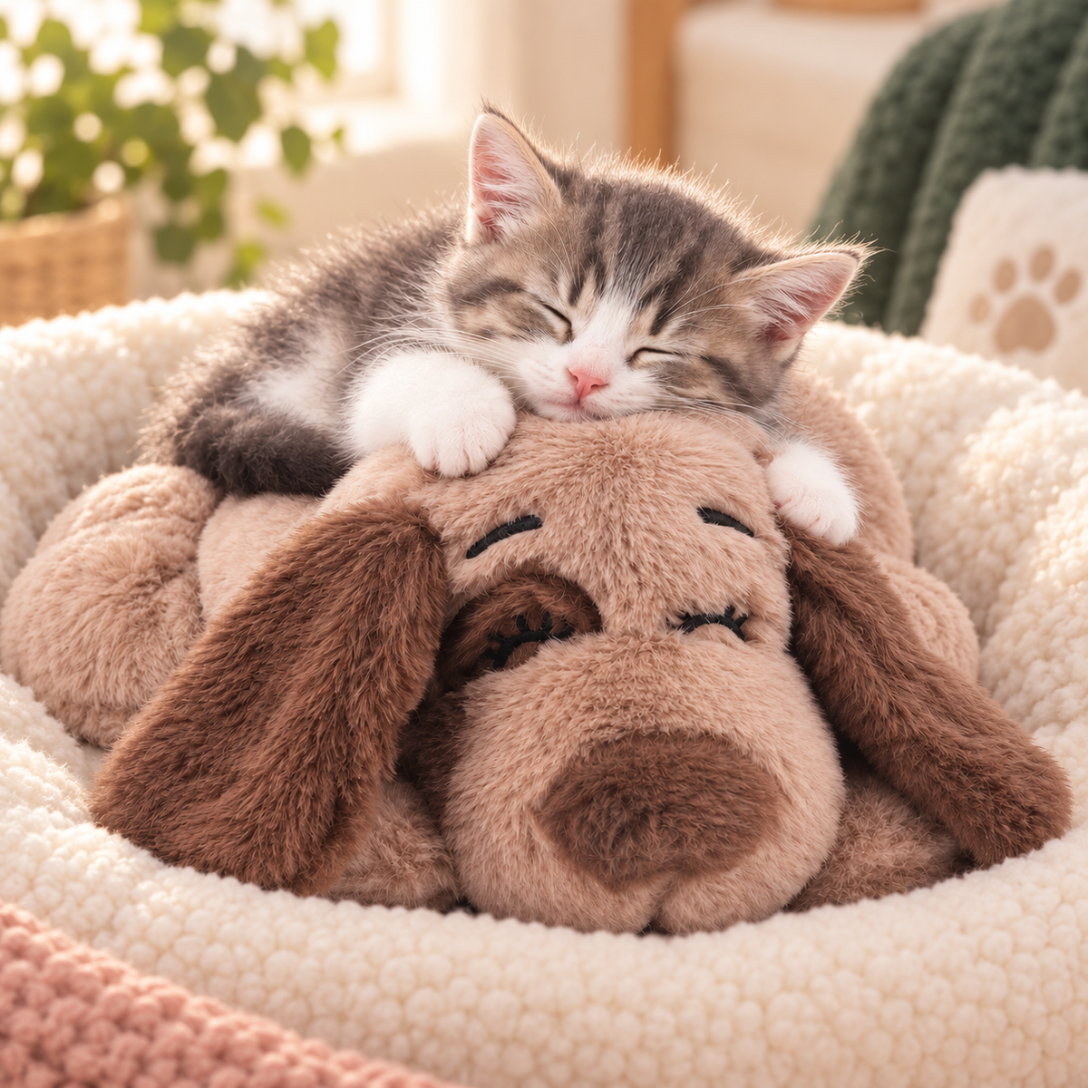 Sleeping kitten cuddling the heartbeat comfort companion