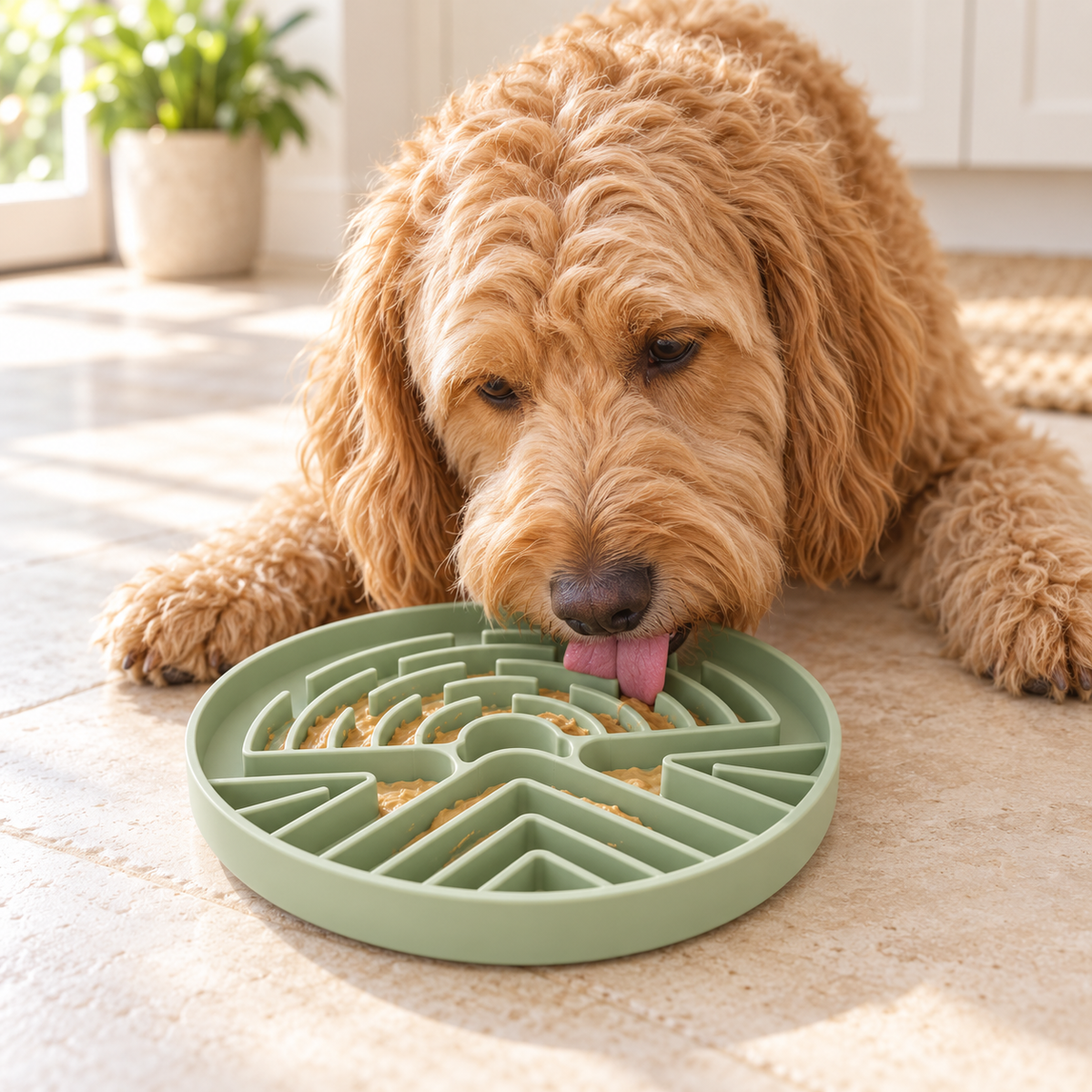 Golden doodle using the sage green slow feeder lick mat