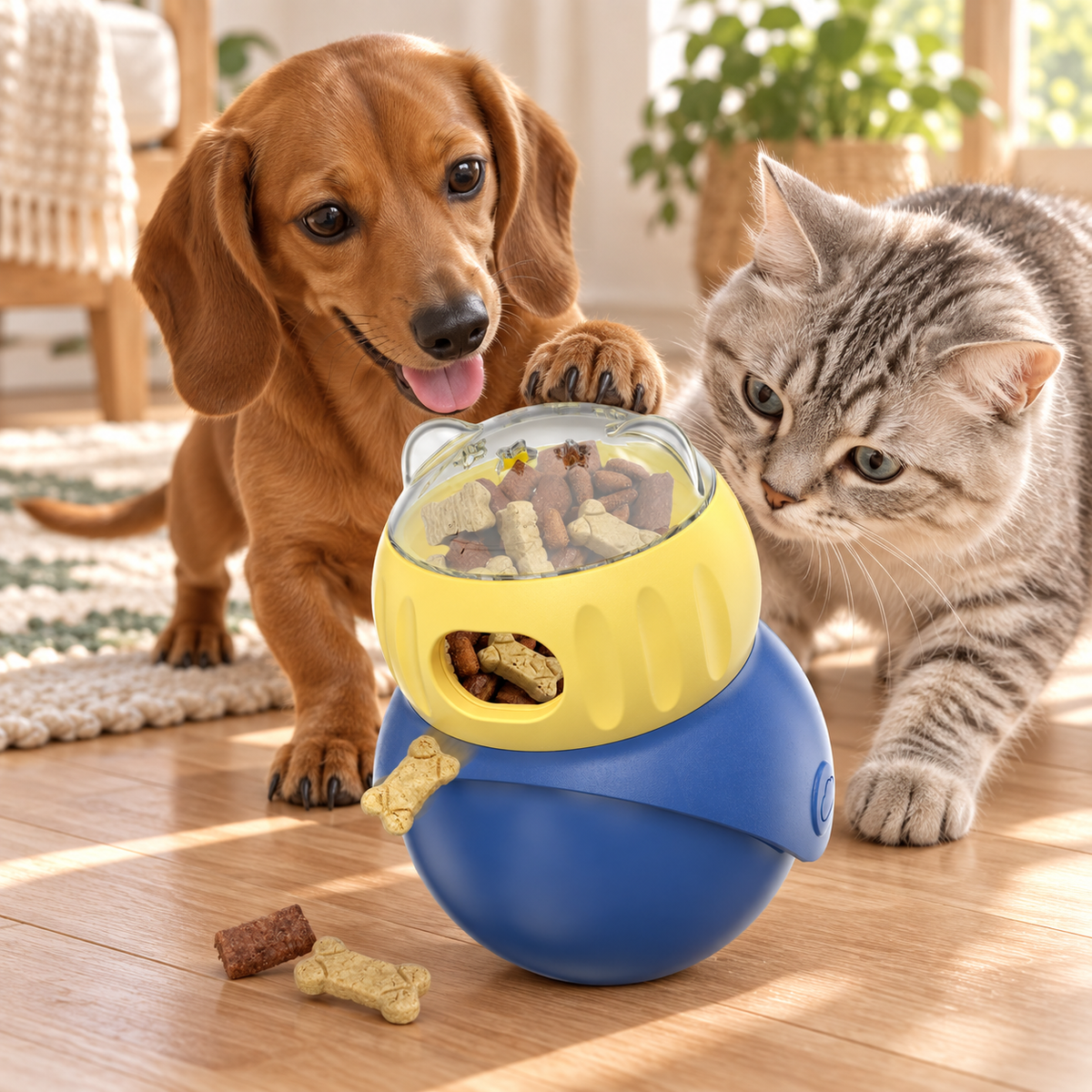Dog and cat exploring the yellow and blue treat puzzle