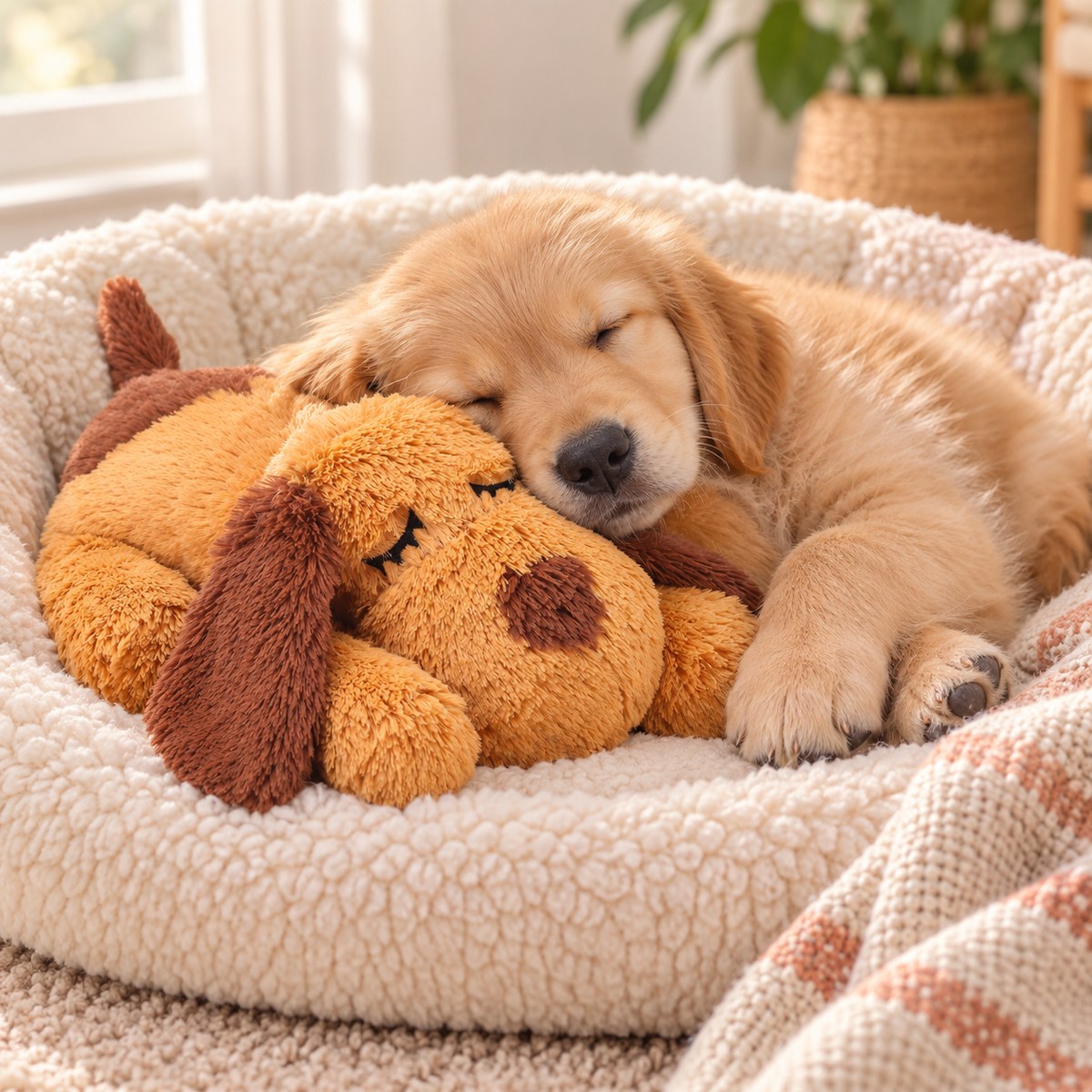 Sleeping golden retriever puppy beside the heartbeat comfort companion