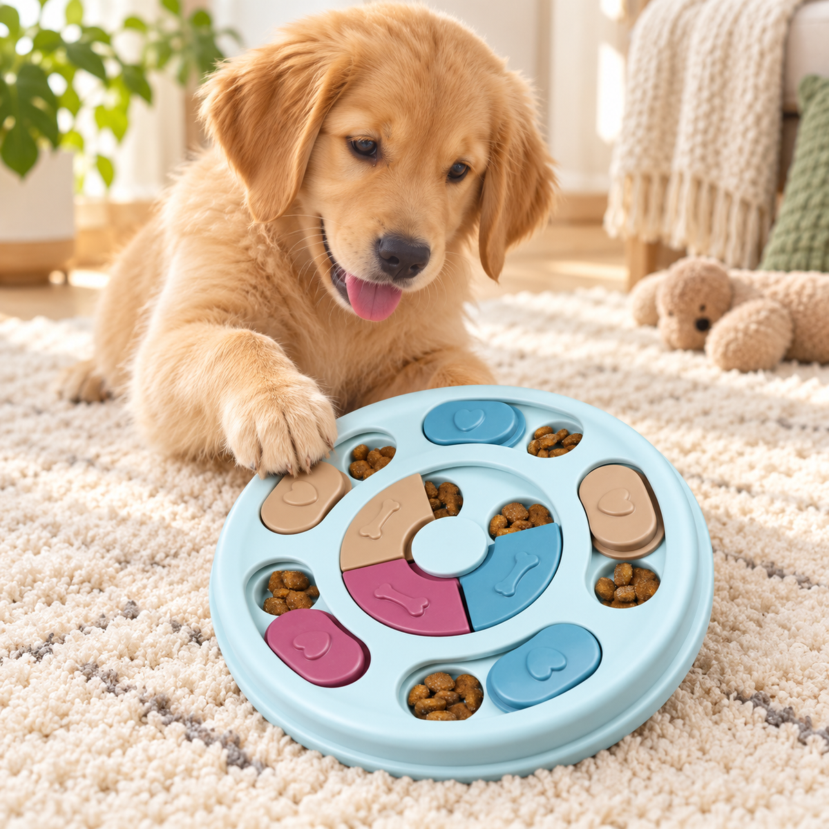 Golden retriever puppy using the pastel blue treat puzzle