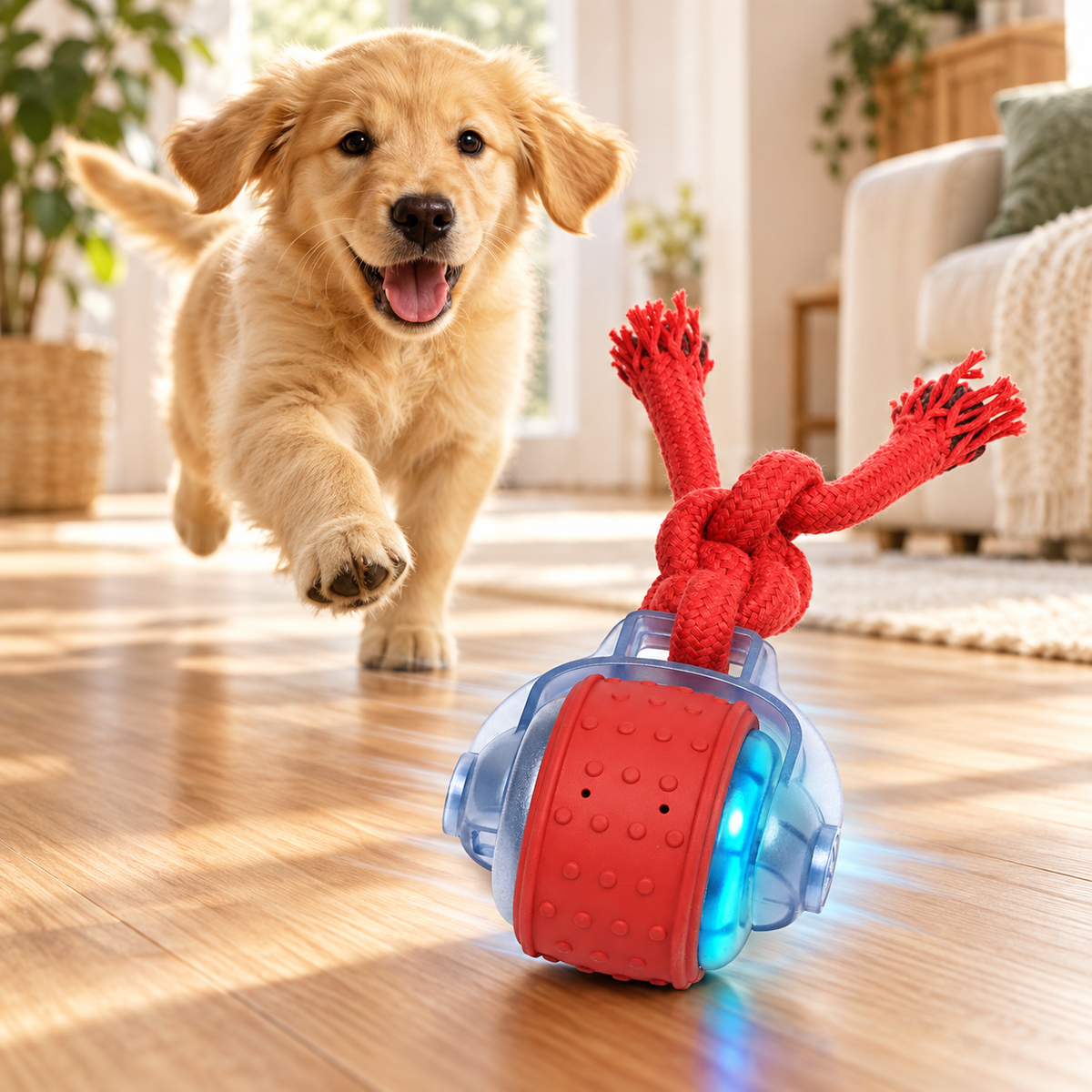 Golden retriever puppy chasing the automatic motion dog ball